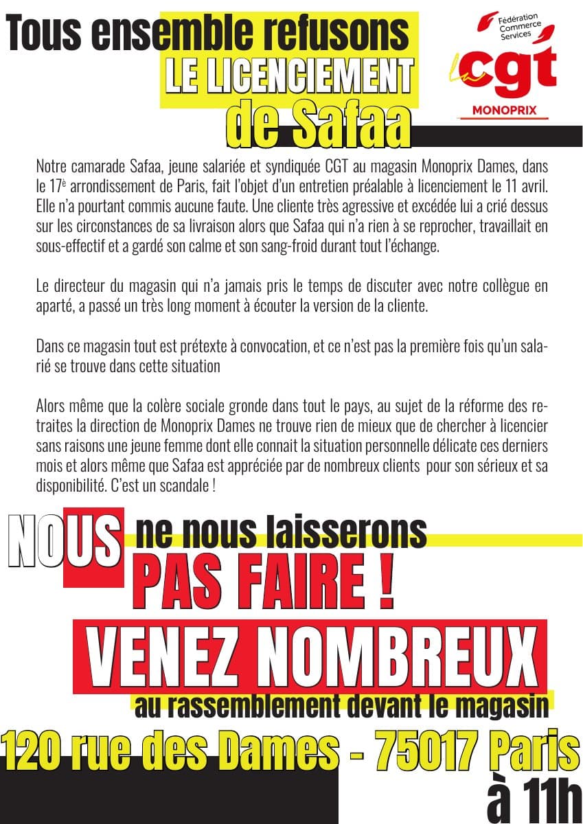 Tous ensemble refusons le licenciement de Safaa