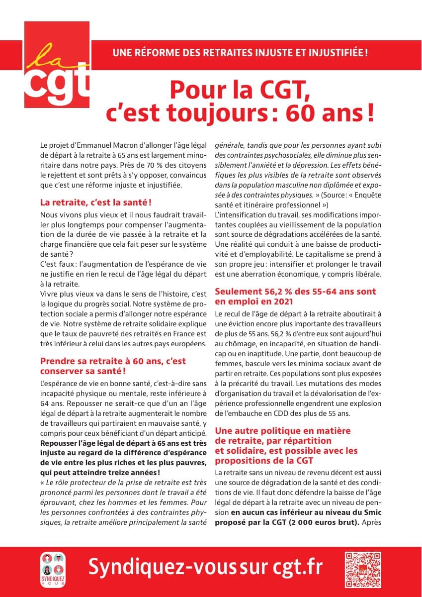 Une réforme des retraites injuste ! Pour la CGT, c'est toujours 60 ans