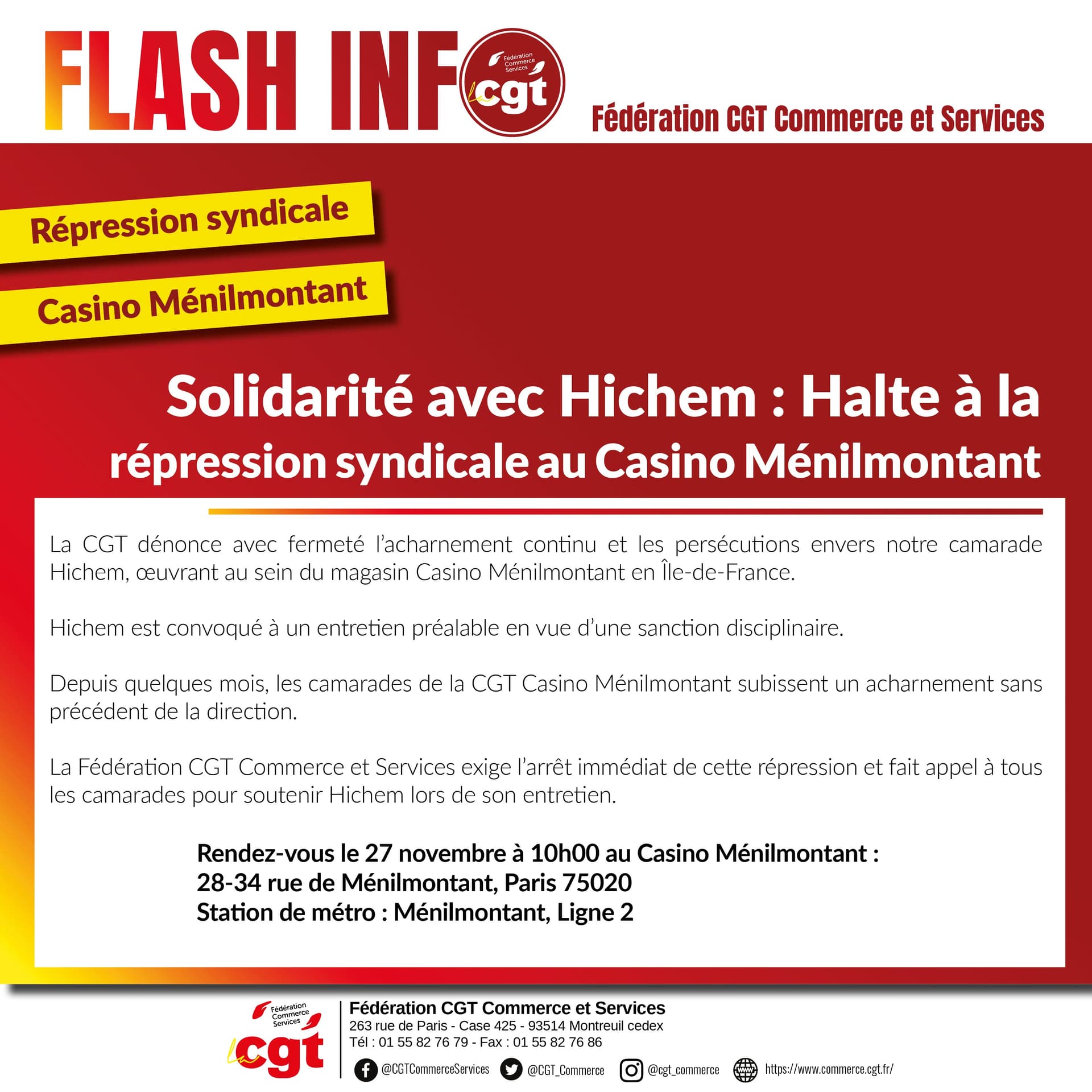 Répression syndicale au Casino Ménilmontant : la CGT dénonce