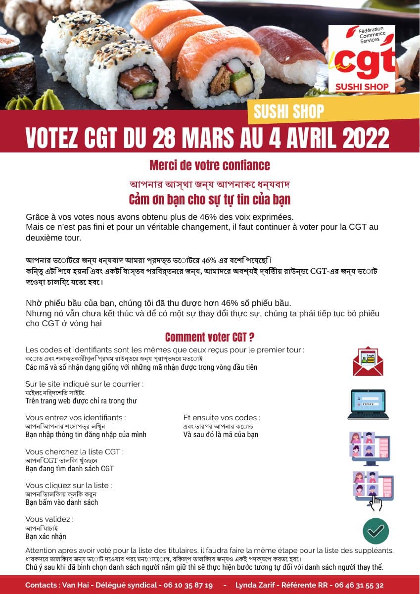 Votez CGT du 28 mars au 4 avril 2022 chez Sushi Shop