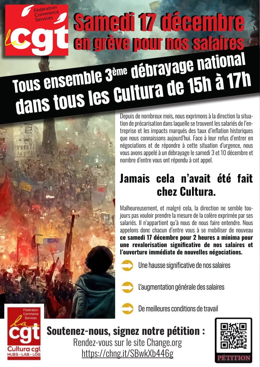 Samedi 17 décembre : grève chez Cultura pour nos salaires