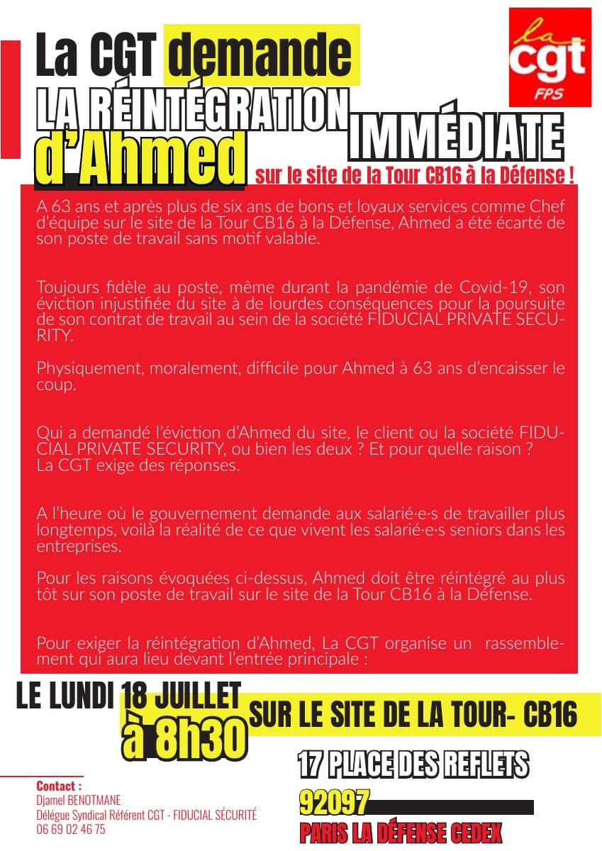 Réintégration immédiate d'Ahmed - Rassemblement CGT